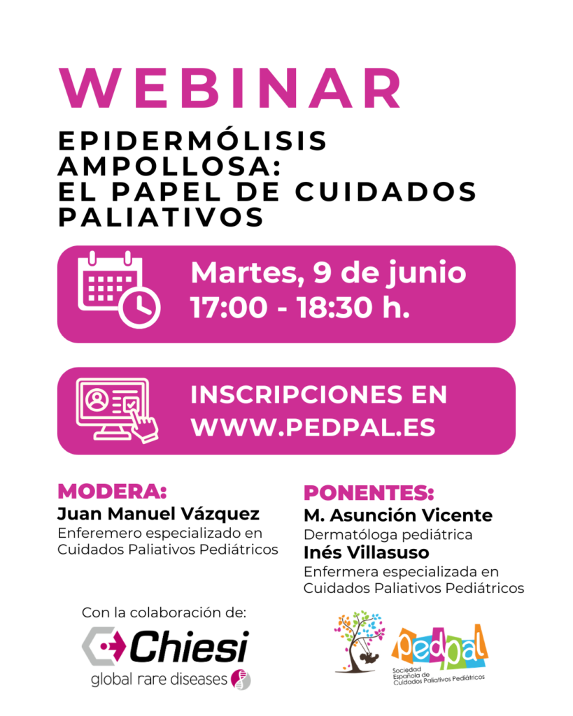 Cartel del webinar sobre Epidermólisis Ampollosa y Cuidados Paliativos Pediátricos - PEDPAL y Chiesi.